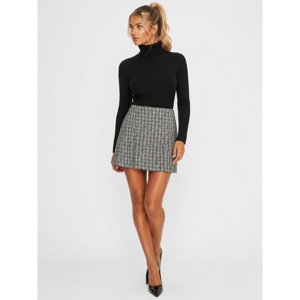 St. John Silver Black Tweed High Waist Metallic Knit A-Line Mini Skirt 8 M